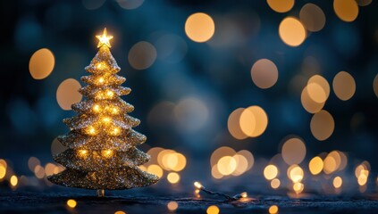 Sparkling miniature Christmas tree with glowing star against festive bokeh backdrop
