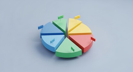 Vibrant pie chart with colorful sections and percentage flags for business analysis
