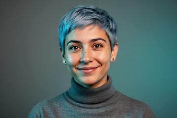 Non-binary UX designer headshot, graphite-teal gradient background.