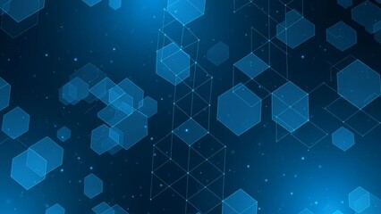Blue geometric pattern with hexagons and lines on dark background, technology and innovation concept with futuristic design elements and glowing effects