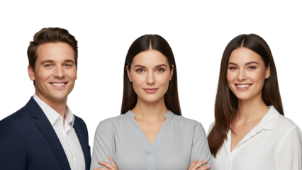 Three people standing together smiling at camera isolated on white transparent png background download