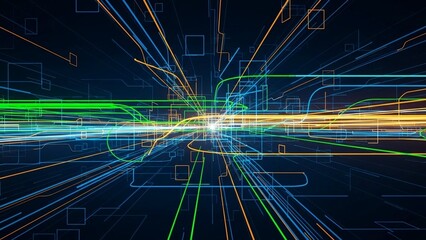 Vibrant multicolored light trails radiate from a central glowing point against a dark background with subtle geometric shapes with abstract and technology