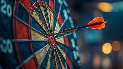 Dart hitting the bullseye on a dartboard during a game in a social setting at night