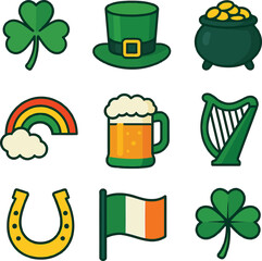 Collection of digital clover, rainbows, and Irish paraphernalia digitally illustrated