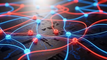 Network connections concept with glowing blue and red lines and nodes on a dark background representing technology and communication systems