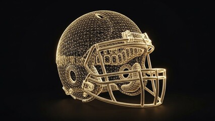 American football helmet made of wire mesh on black background, grid pattern, gold color, sports equipment, protective gear, close up, side view, metallic texture, shiny