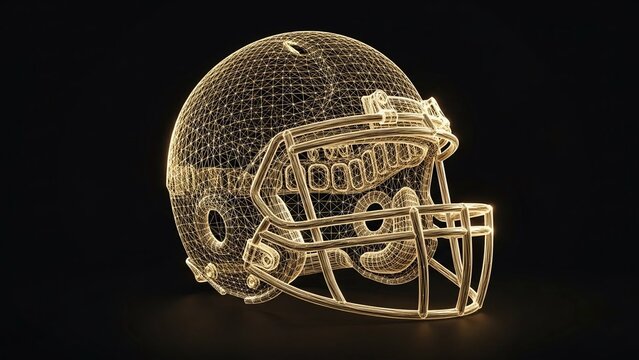 American football helmet made of wire mesh on black background, grid pattern, gold color, sports equipment, protective gear, close up, side view, metallic texture, shiny - Powered by Adobe