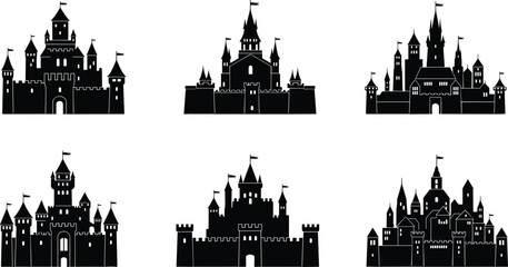 Naklejka premium Black silhouette of various medieval castle icons set, fairytale fortress with towers and flags, kingdom architecture isolated on white background,