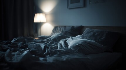 peaceful night bedroom scene, absolute darkness, cool temperature, soft bedding, calm and restorative mood, sleep architecture concept, realistic