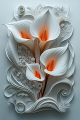 Abstract art paper cut on a white background, a calla lily flower with a long stem and small leaves, a color palette of white. Generative AI