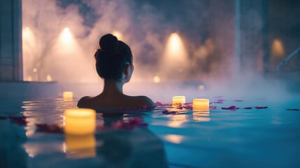 Person enjoying hydrotherapy bath with floating candles and soft steam, glowing water reflections, modern spa interior, luxury wellness treatment