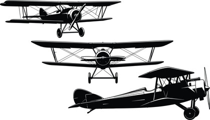 Black silhouette of vintage biplane aircraft set, retro airplane icons showing different flight angles, aviation transportation isolated on white background, © MdMoksad