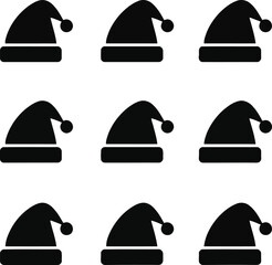  vector illustration of multiple black santa hats arranged in a grid pattern on a white background