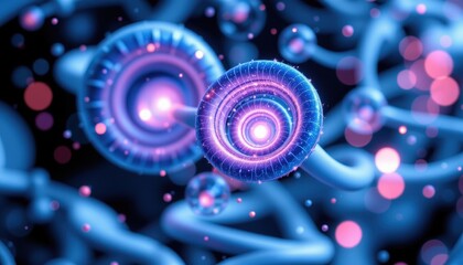 Abstract visualization of glowing molecules with vibrant colors in a microscope view illustrating scientific concepts of chemistry and biology