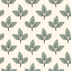 Elegant seamless pattern featuring stylized leaves in muted green tones on a creamy background.