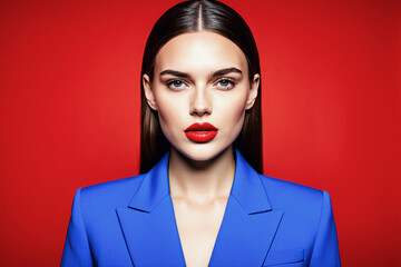 Bold color fashion portrait, red studio background.