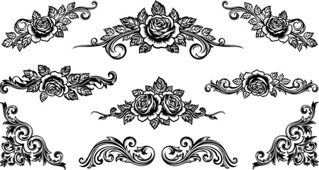 Fototapeta premium Ornate rose design, floral scrollwork, CAD drawing, flat vector, decorative sketch, symmetrical motif, black white art, tattoo style, invitation border, botanical flourish
