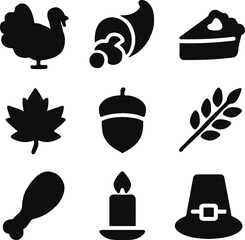 Collection of black silhouettes representing Thanksgiving symbols including turkey, cornucopia, and pilgrim hat on white background