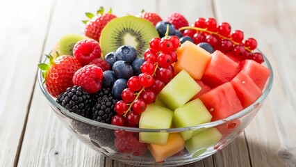 A Bowl of Mixed Fresh Fruits, Including Berries and Tropical Fruits, Arranged on a Wooden Table for a Healthy Snack