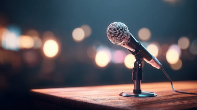 professional stage microphone standing on wooden podium, defocused lights in background, public speaking and podcast concept, cinematic lighting