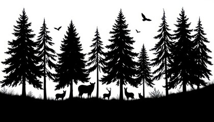 Serene Forest Silhouette with Wildlife and Pine Trees Against a White Background