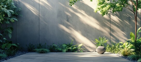Serene courtyard with sunlight dappling on concrete wall and lush plants
