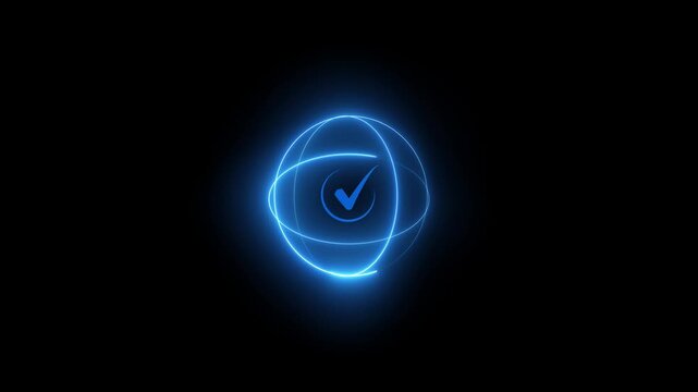 Futuristic user interface with digital concentric circles and glowing shield icon with checkmark symbol, representing cyber security, data protection, and advanced digital technology black background.