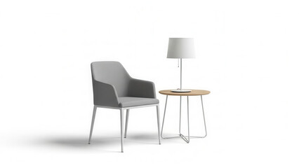 Fototapeta premium Chair with lamp, modern furniture arrangement, minimalist design, white background, copy space 