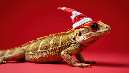 Obraz premium Bearded Dragon Wearing Festive Santa Hat and Sunglasses Against Red Background