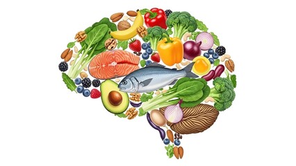 A Brain Shape Filled With Various Healthy Foods Like Fruits, Vegetables, and Fish, Symbolizing Nutrition for Cognitive Health