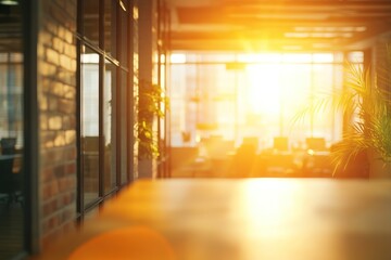 Sunlit modern office space featuring brick walls and greenery in a vibrant setting