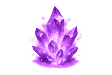 Glowing purple fantasy crystal cluster with ethereal energy, magic gemstone emitting light and sparkles, transparent background