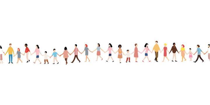 A diverse group of people holding hands in a long connected line