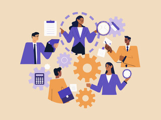 Teamwork and collaboration concept with diverse professionals and gears