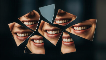 Reflection of a woman's smile in broken mirror shards, joyful expression, abstract art, concept