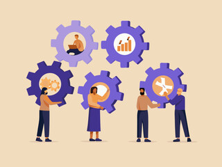 Teamwork and collaboration people connecting gears with different business icons