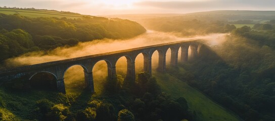 Mystical Morning: An Arched Viaduct Embraced by Ethereal Fog and Golden Light