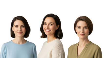 Three women with brown hair standing against black background wearing blue white and green tops isolated on white transparent png background download