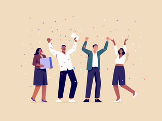 Celebration of success diverse team rejoices with confetti and documents