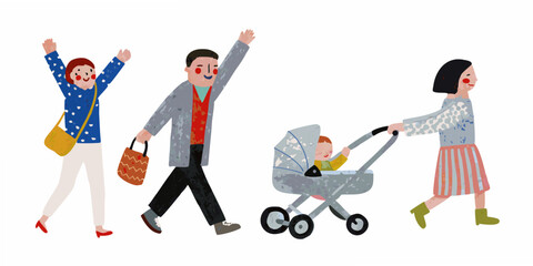 A happy family walking together enjoying a day out with their baby