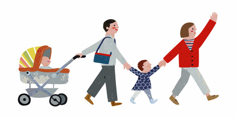 A family with a stroller and two children walking together outdoors