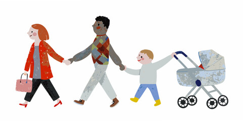 A family of four walking together including a baby in a stroller