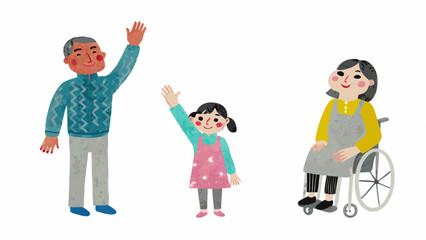 A family illustration featuring a waving father daughter and grandmother in a wheelchair