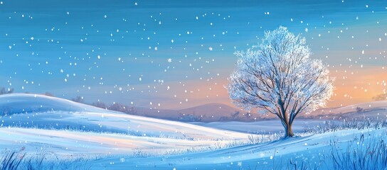 Winter Wonderland: A serene landscape with snowy fields and a frosted tree at dusk