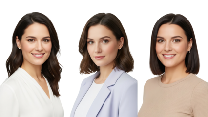 Three women with dark hair smiling at camera on black background isolated on white transparent png background download