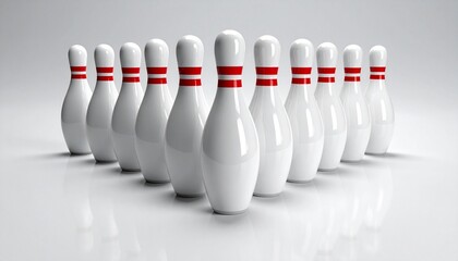 Ten white bowling pins with red stripes arranged in a triangular formation on a reflective surface.