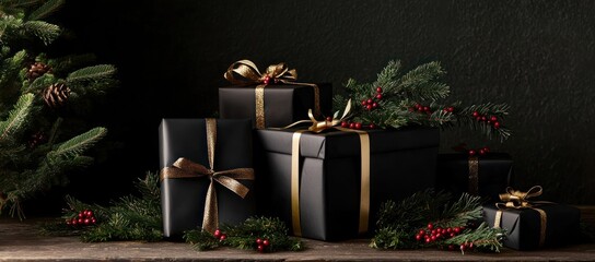 Elegant dark christmas presents with golden ribbons and natural decorations arrangement