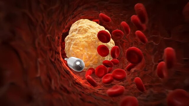 Nanorobot travels through blood vessel with red blood cells. Medical capsule flows in artery among erythrocytes. Nanorobot delivers medicine in blood. Vessel shows cells and nanorobot flowing.
