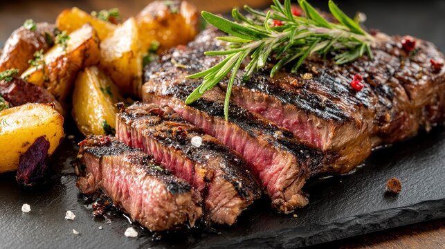 A close-up view of a grilled steak, expertly sliced to showcase its juicy interior, paired with roasted potatoes, and garnished with rosemary