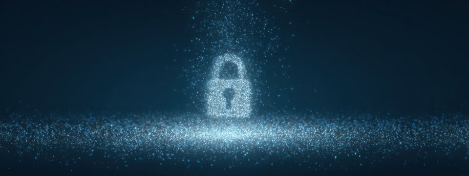 Single digital lock symbol formed from glowing particles, centered on dark blue clean background, cybersecurity and data protection concept - Powered by Adobe